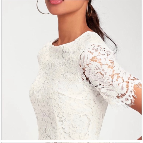 Lulus White Eyelash Lace Devotion Midi Dress Short Sleeve Sheath Bridal Shower - Picture 5 of 11